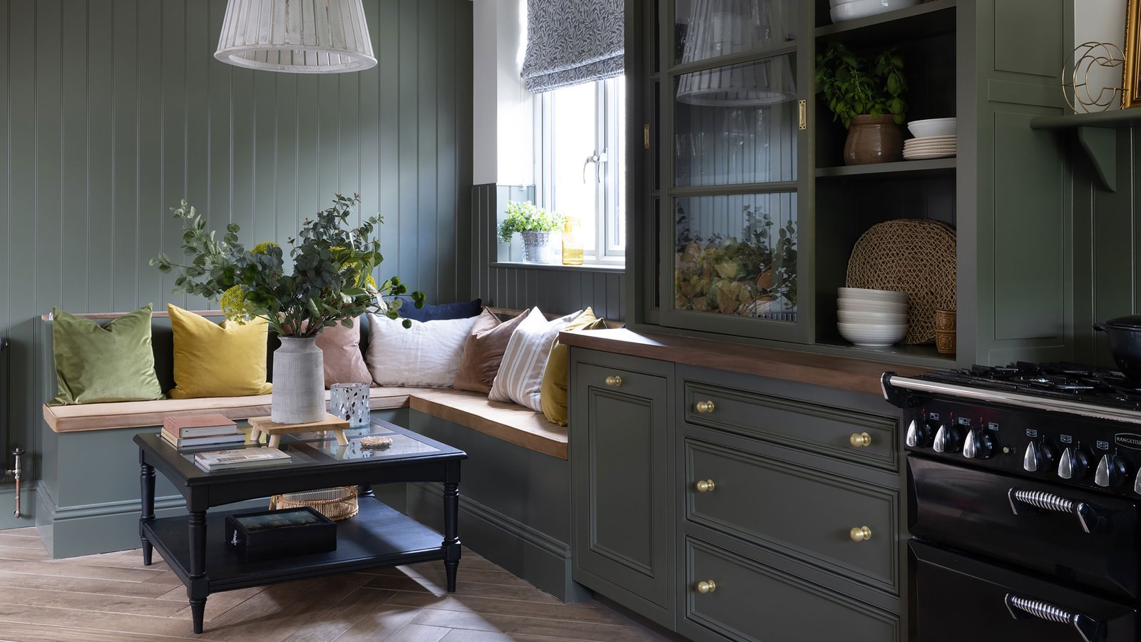 powder blue kitchen with built-in seating