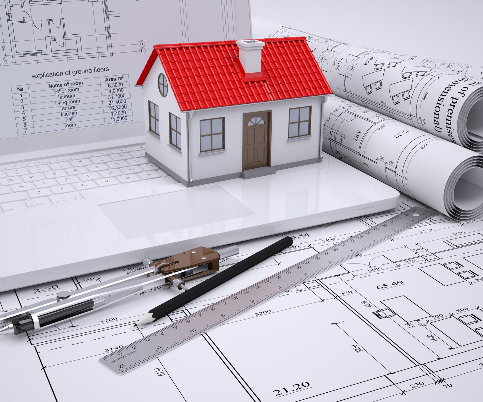 set of architectural plans on table with model of house with red roof, compass and pencil