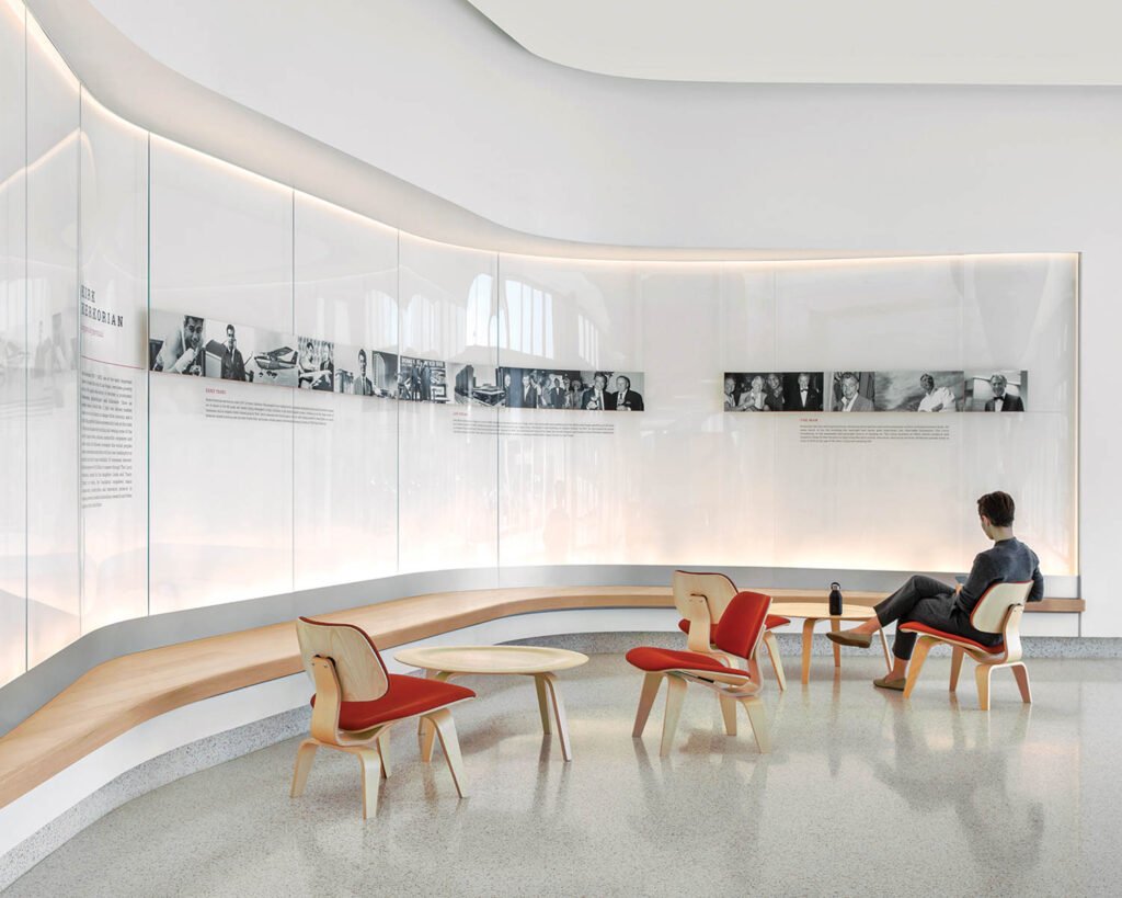 a cafe area with red chairs in Kirk Kerkorian Medical Education Building, University of Nevada, Las Vegas