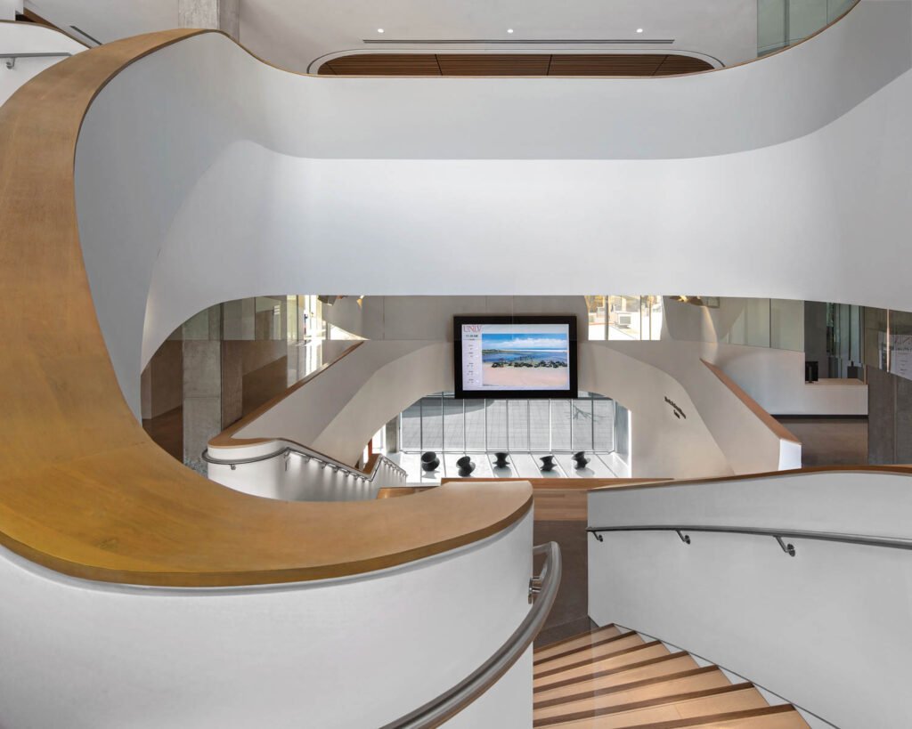 a winding staircase in the Kirk Kerkorian Medical Education Building, University of Nevada