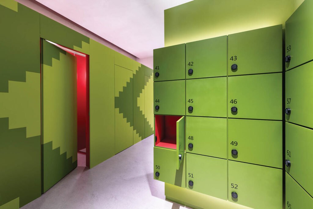 bright green locker room in the fitness center