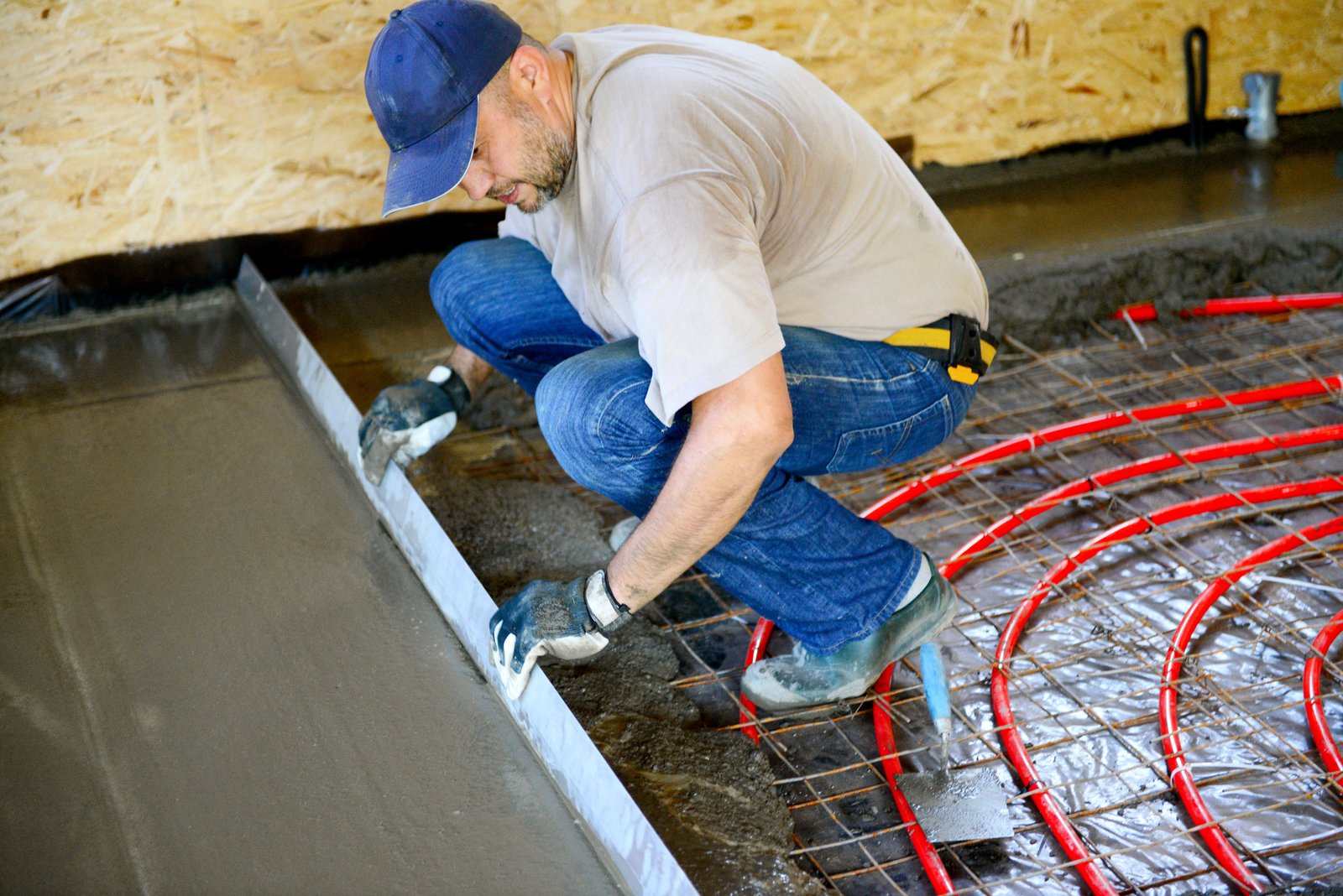 floor screed applied over wet underfloor heating pipes