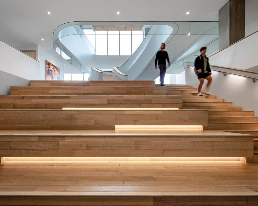 wooden stadium seating in the Kirk Kerkorian Medical Education Building, University of Nevada, Las Vegas