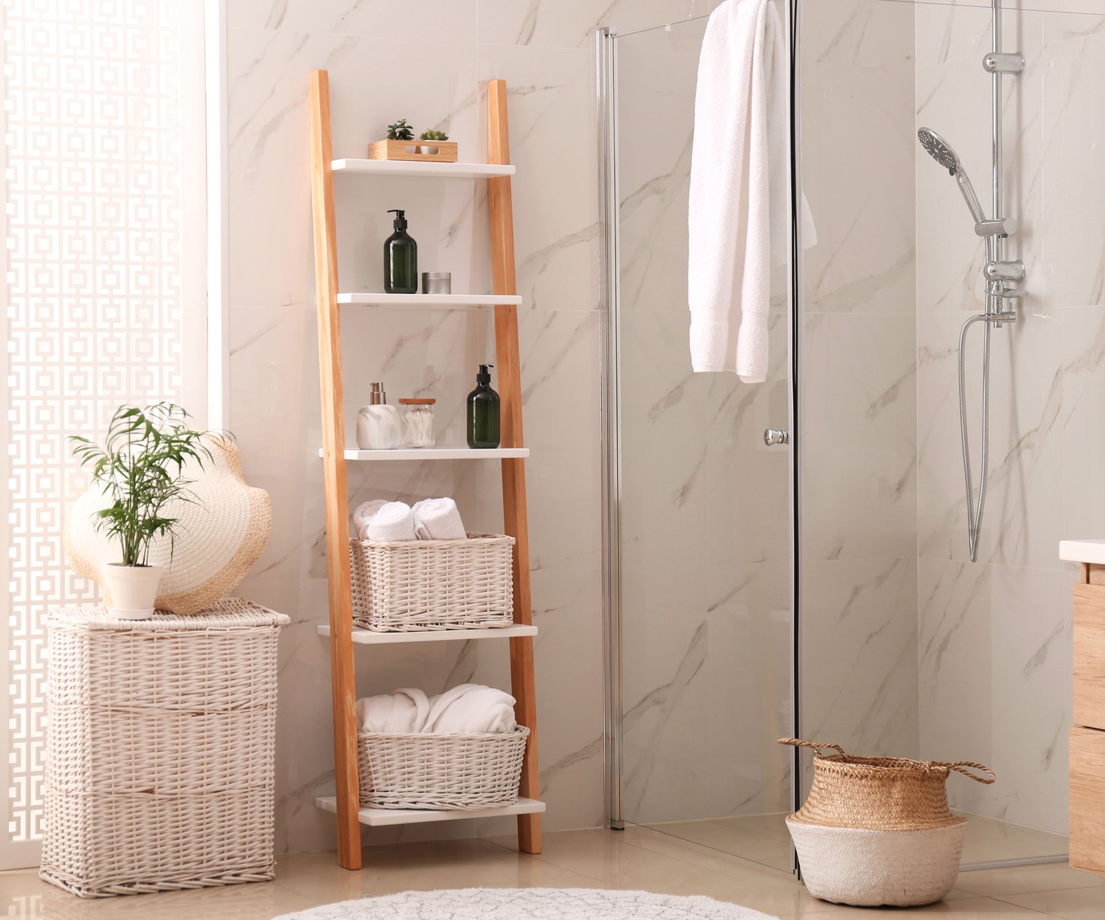 Wooden ladder shelves in bathroom