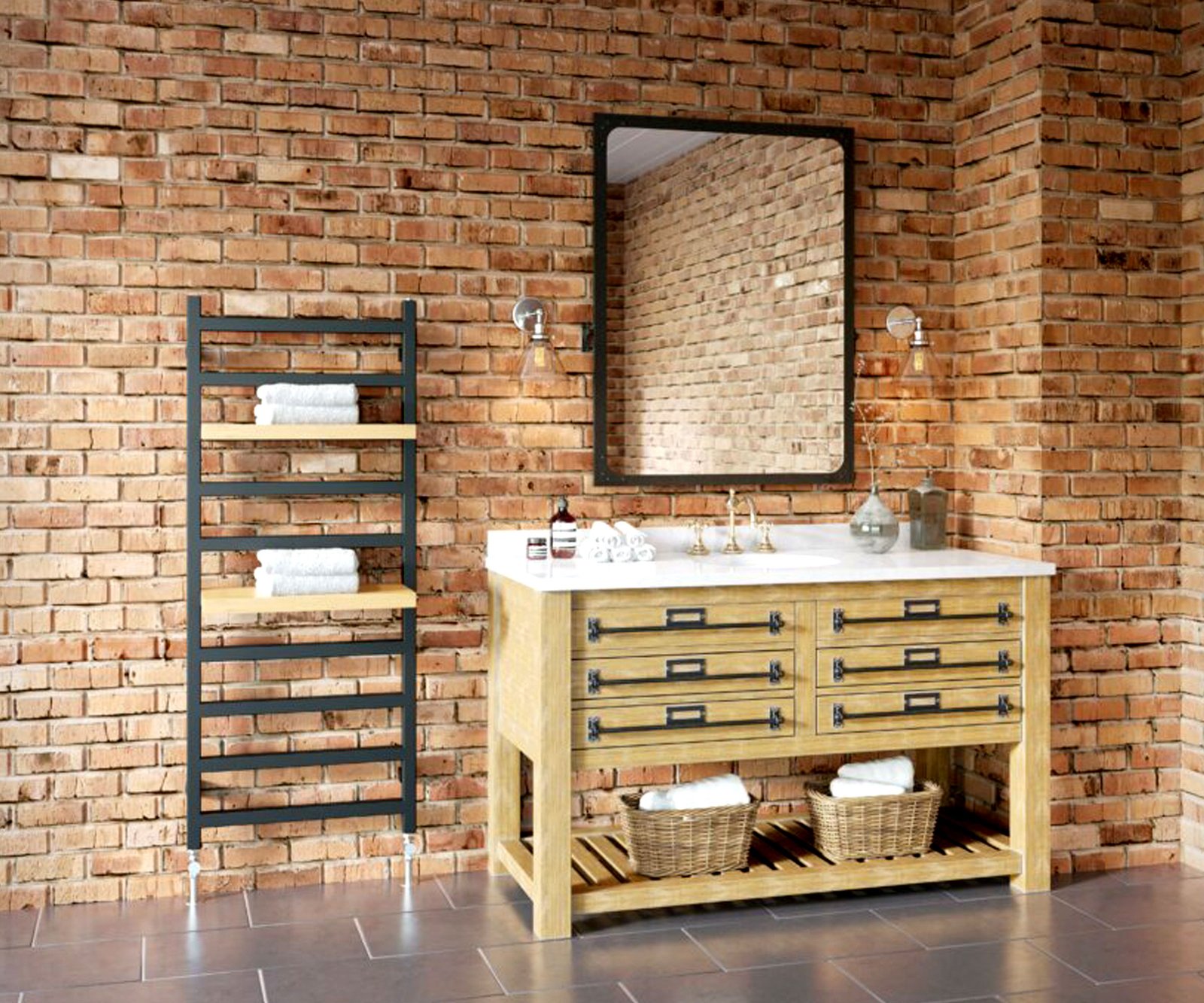 Towel radiator in bathroom against bare brick wall