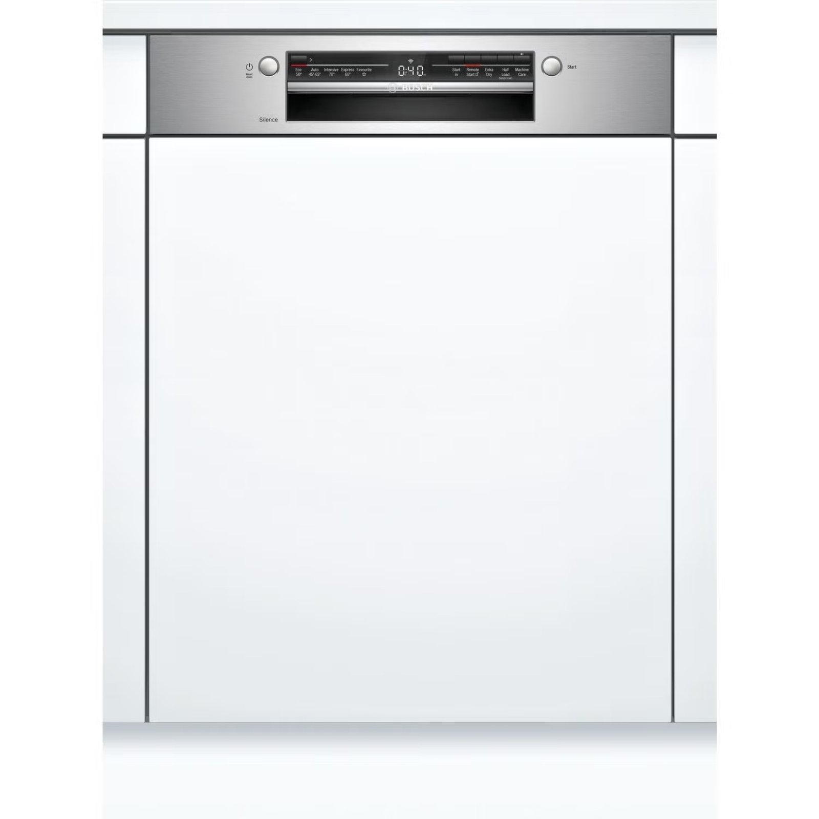 white dishwasher with silver display panel