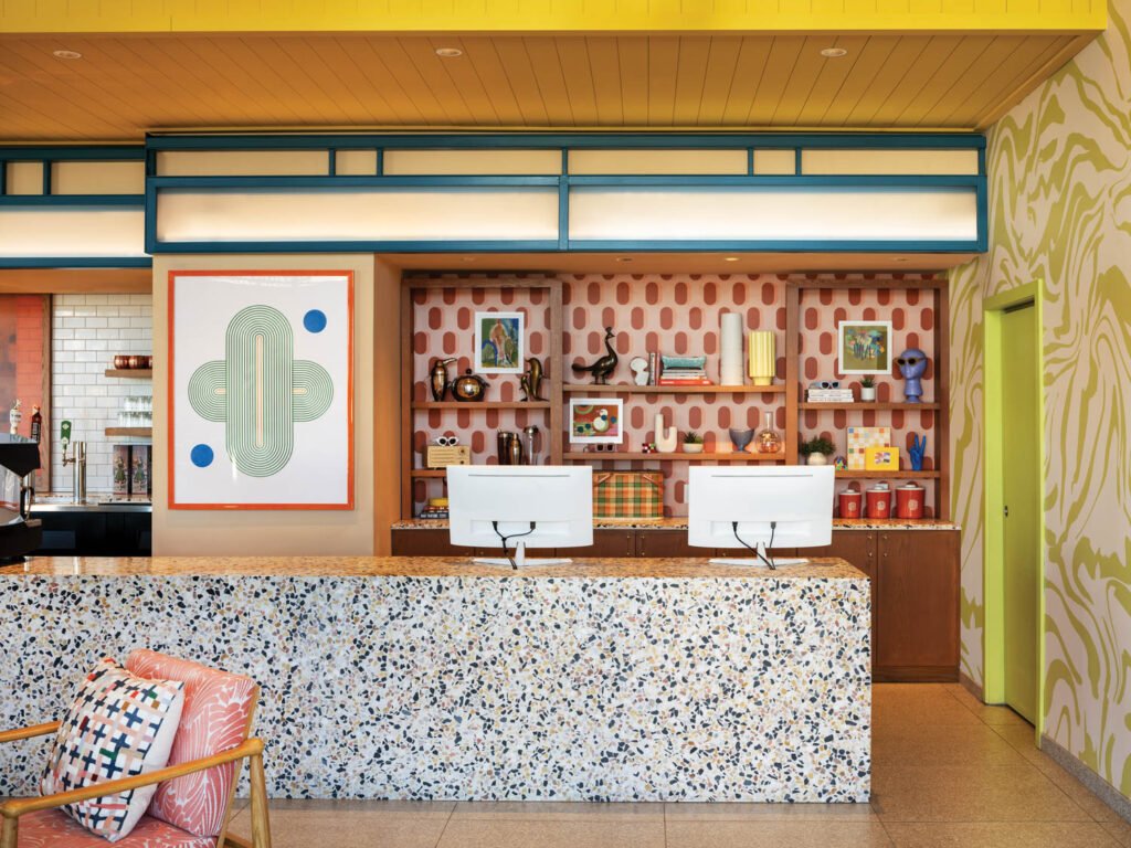 Lobby area with retro-style colors and artwork