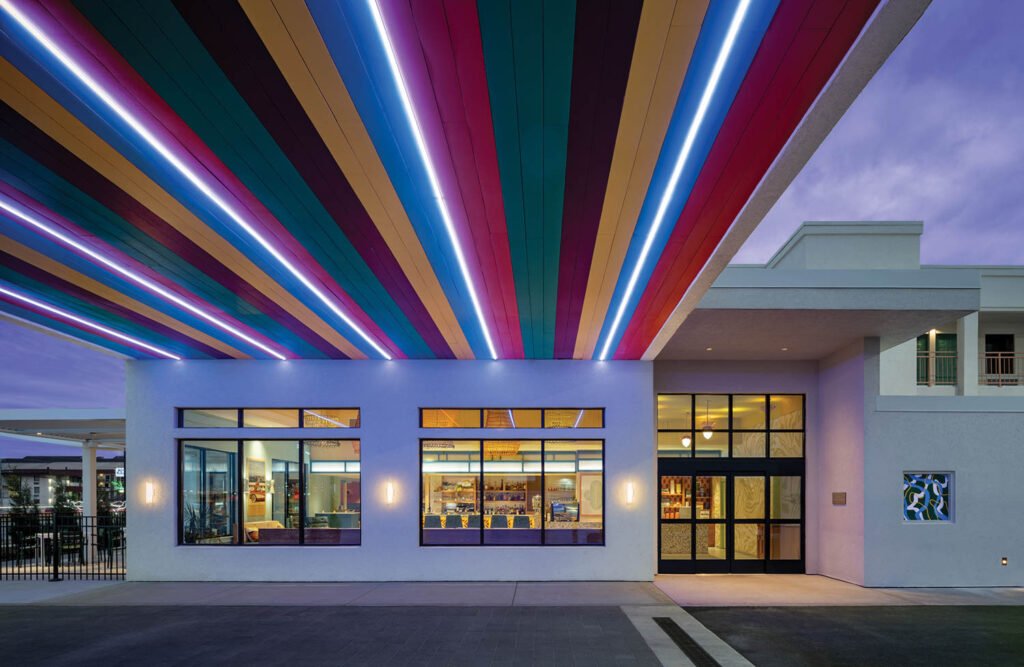 Front entrance of The Wayback with a multicolored overhead